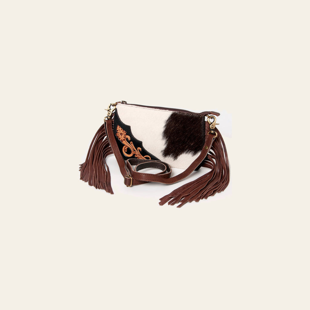 American Darling Small Cross body Bag Hair-On Cowhide Hand Tooled Genuine Leather with Fringes Western Purse