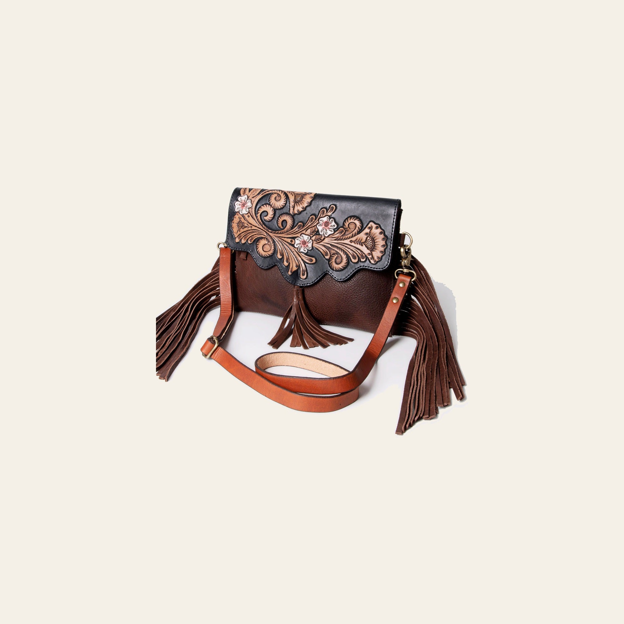American Darling Messenger Bag Hand Tooled Floral Carved Genuine Leather with Fringes Western Purse
