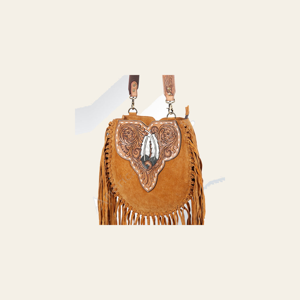 American Darling Large Cross body Bag Genuine Suede Leather Hand Tooled Floral Carved with Fringes Buck Stitched Western Purse