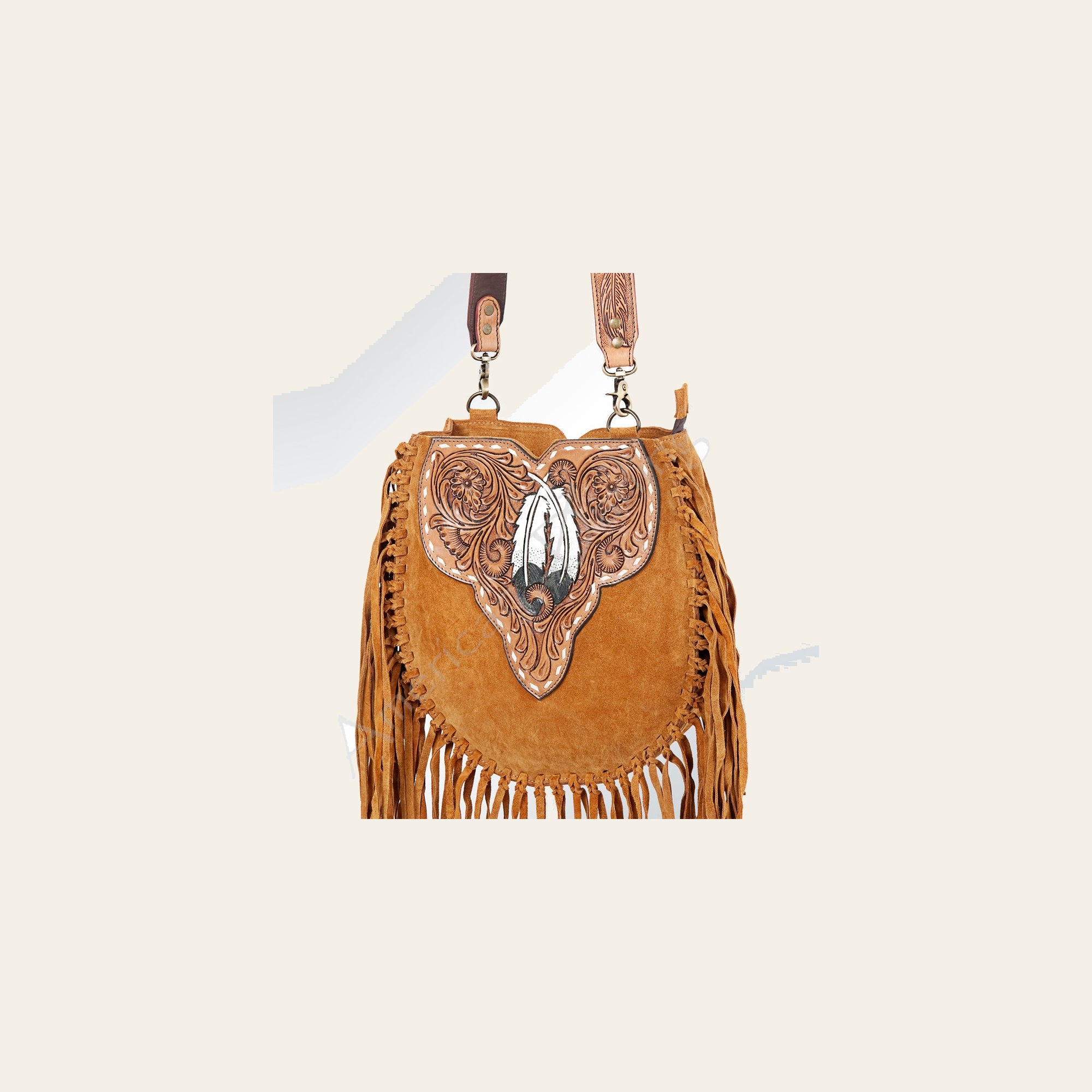American Darling Large Cross body Bag Genuine Suede Leather Hand Tooled Floral Carved with Fringes Buck Stitched Western Purse