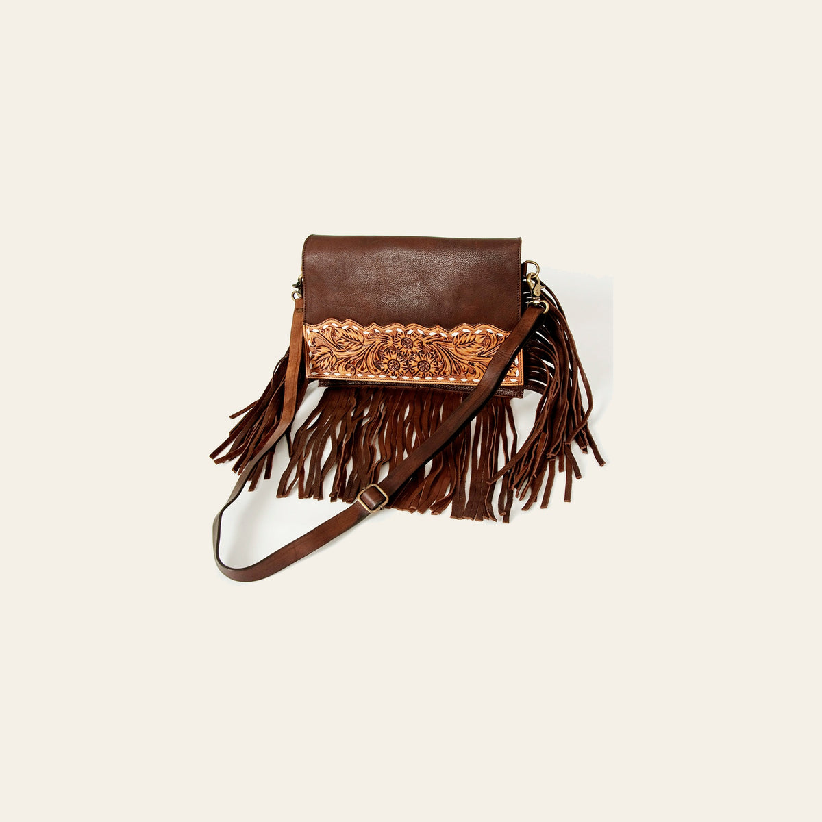 American Darling Large Cross body Bag Hand Tooled Floral Carved Genuine Leather with Fringes Western Purse