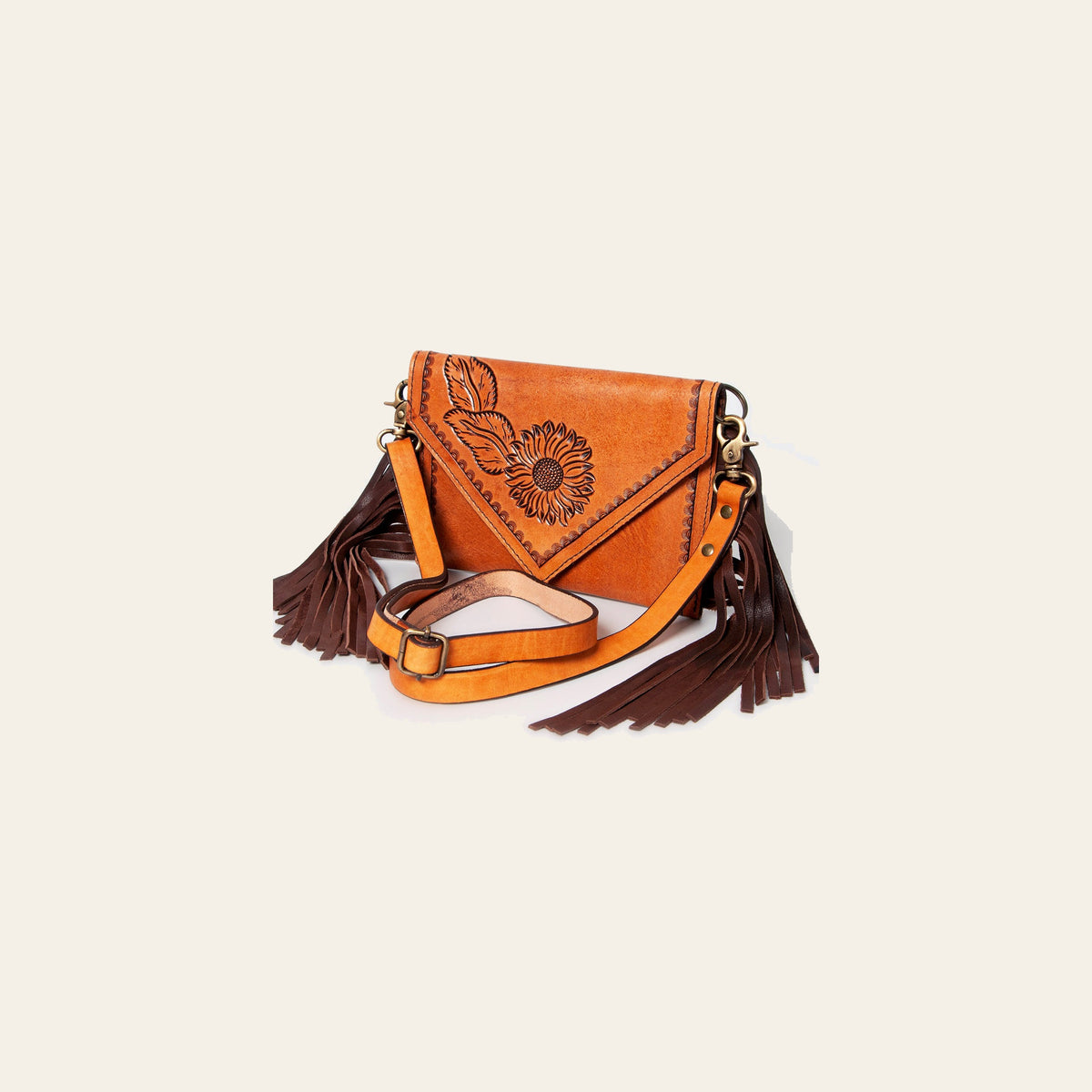 American Darling Envelope Bag Hand Tooled Floral Carved Genuine Leather with Fringes Western Purse
