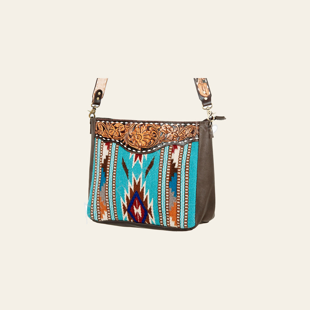 American Darling Women's Hand Tooled Floral Carved Leather Cross body Bag with Hand-Woven Saddle Blanket and Buck Stitching
