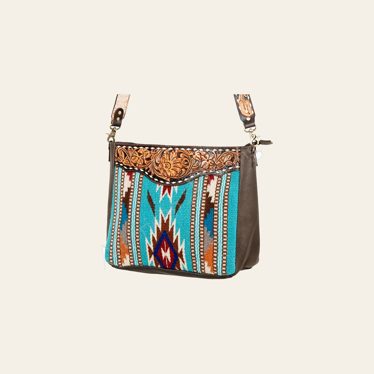 American Darling Women's Hand Tooled Floral Carved Leather Cross body Bag with Hand-Woven Saddle Blanket and Buck Stitching