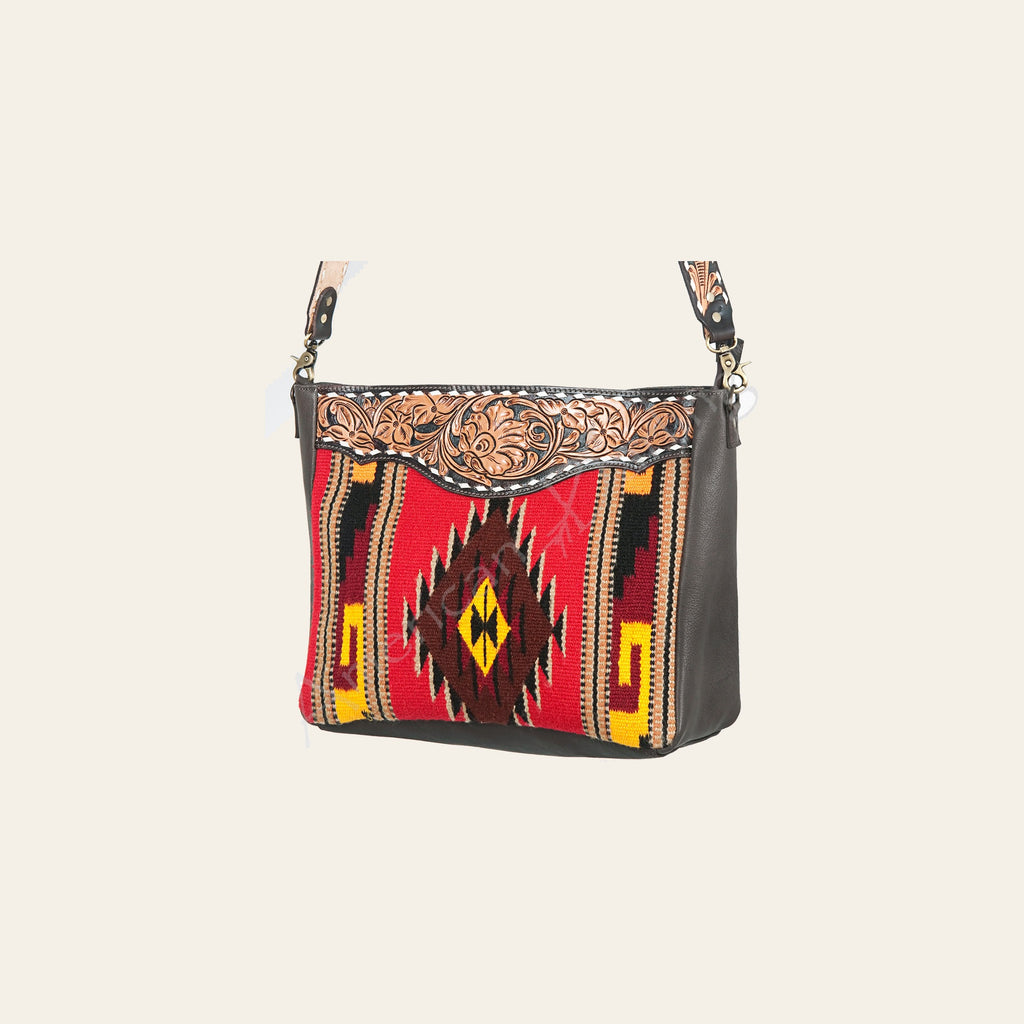 American Darling Women's Hand Tooled Floral Carved Leather Cross body Bag with Hand Woven Saddle Blanket and Buck Stitching