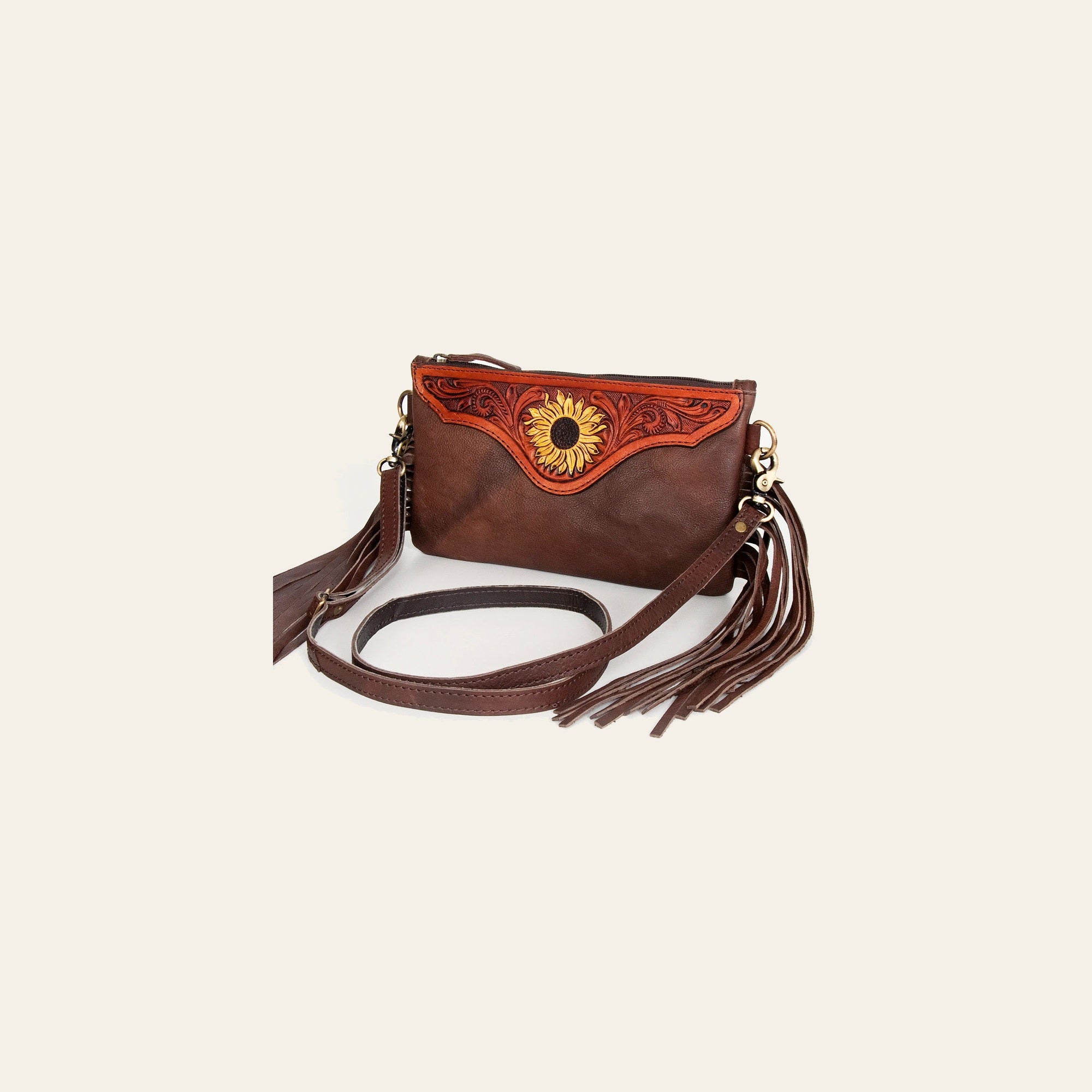 American Darling Women's Hand Tooled Sunflower Carved Leather Small Crossbody Bag with Fringes and Eco-Friendly Full Grain Leather