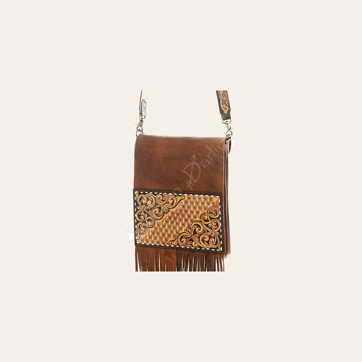 American Darling Women's Hand Tooled Floral Carved Leather Messenger with Fringes, Buck Stitching, and Eco-Friendly Full Grain Leather