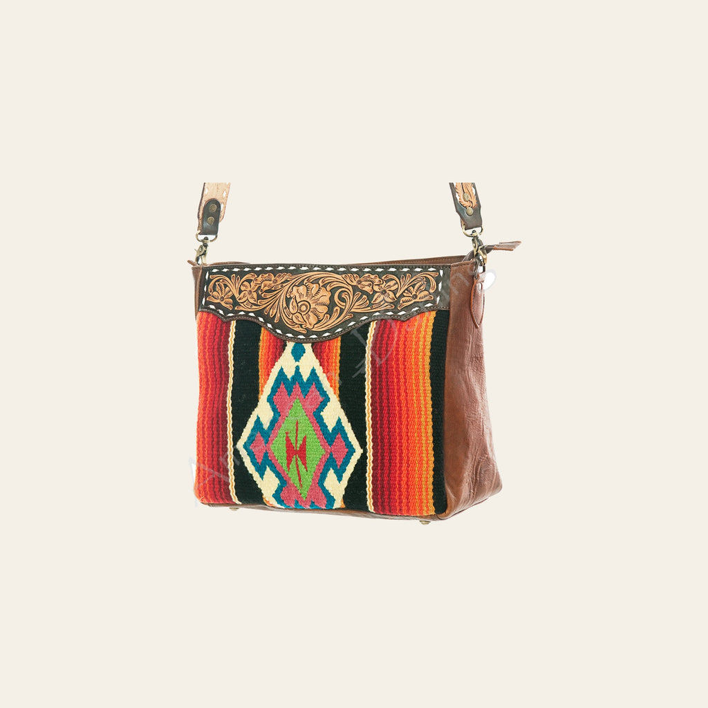 American Darling Women's Hand Tooled Floral Carved Leather Cross body Bag with Hand Woven Saddle Blanket and Buck Stitching