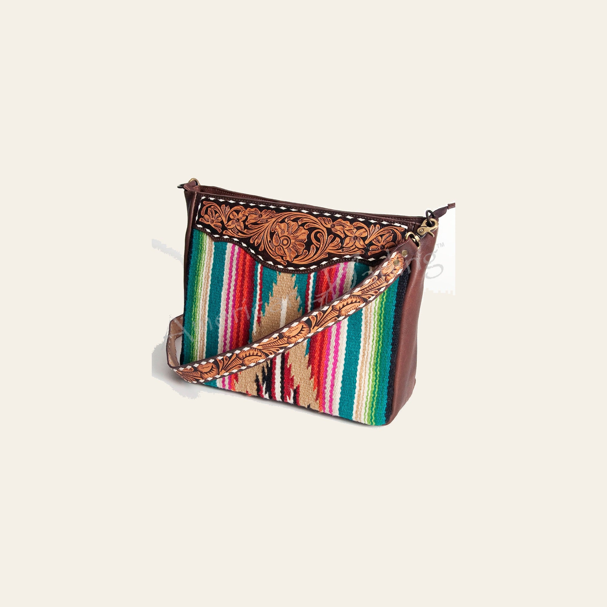 American Darling Women's Hand Tooled Floral Carved Leather Cross body Bag with Hand Woven Saddle Blanket and Buck Stitching