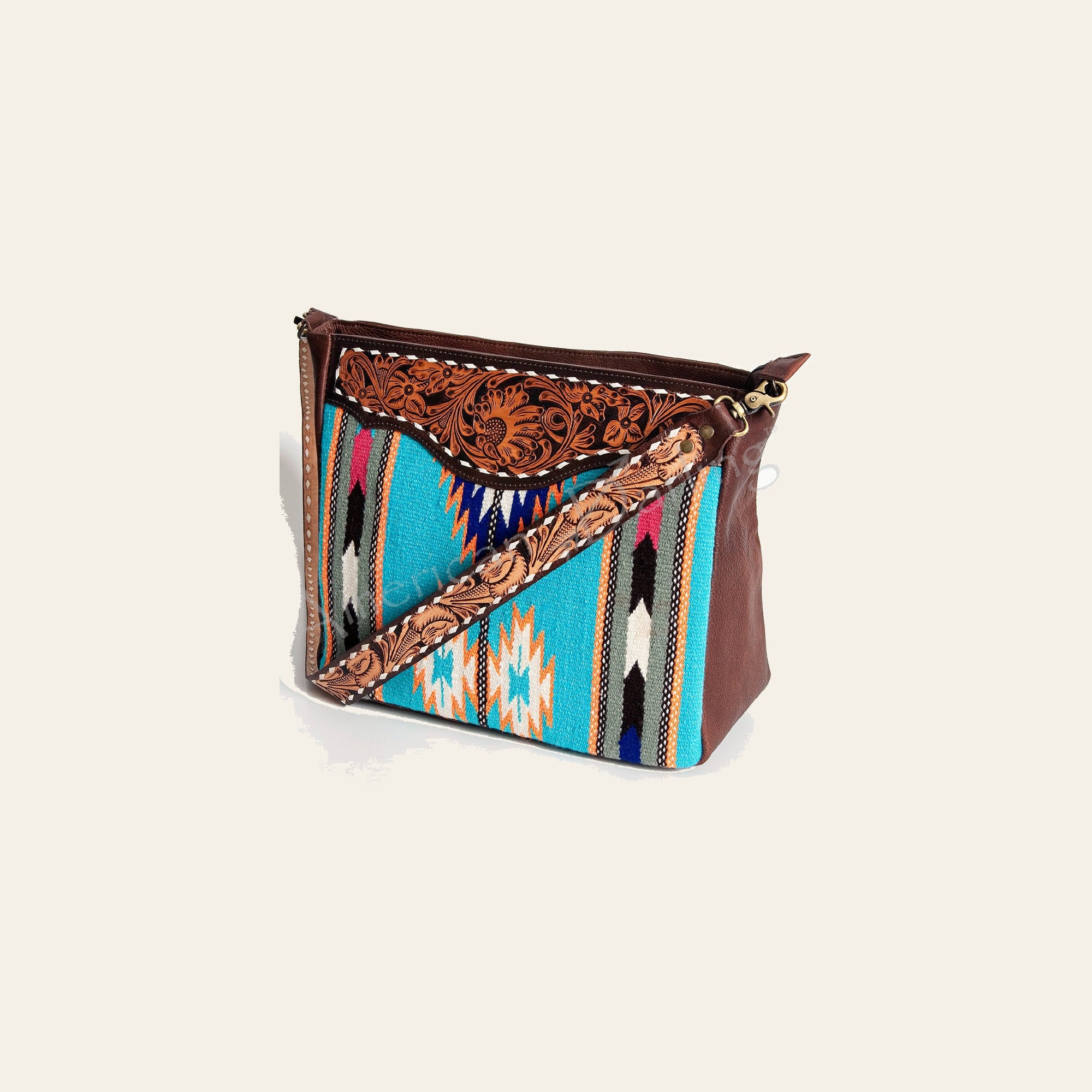 American Darling Women's Hand Tooled Floral Carved Leather Large Cross body Bag with Hand Woven Saddle Blanket and Buck Stitching