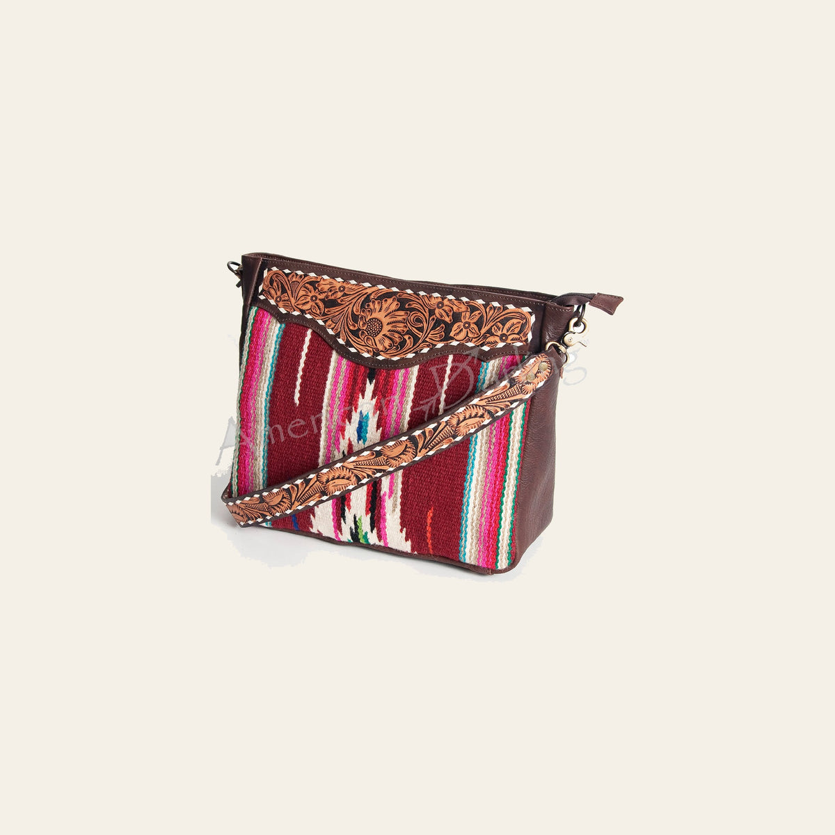 American Darling Women's Hand Tooled Floral Carved Leather Large Cross body Bag with Hand Woven Saddle Blanket and Buck Stitching