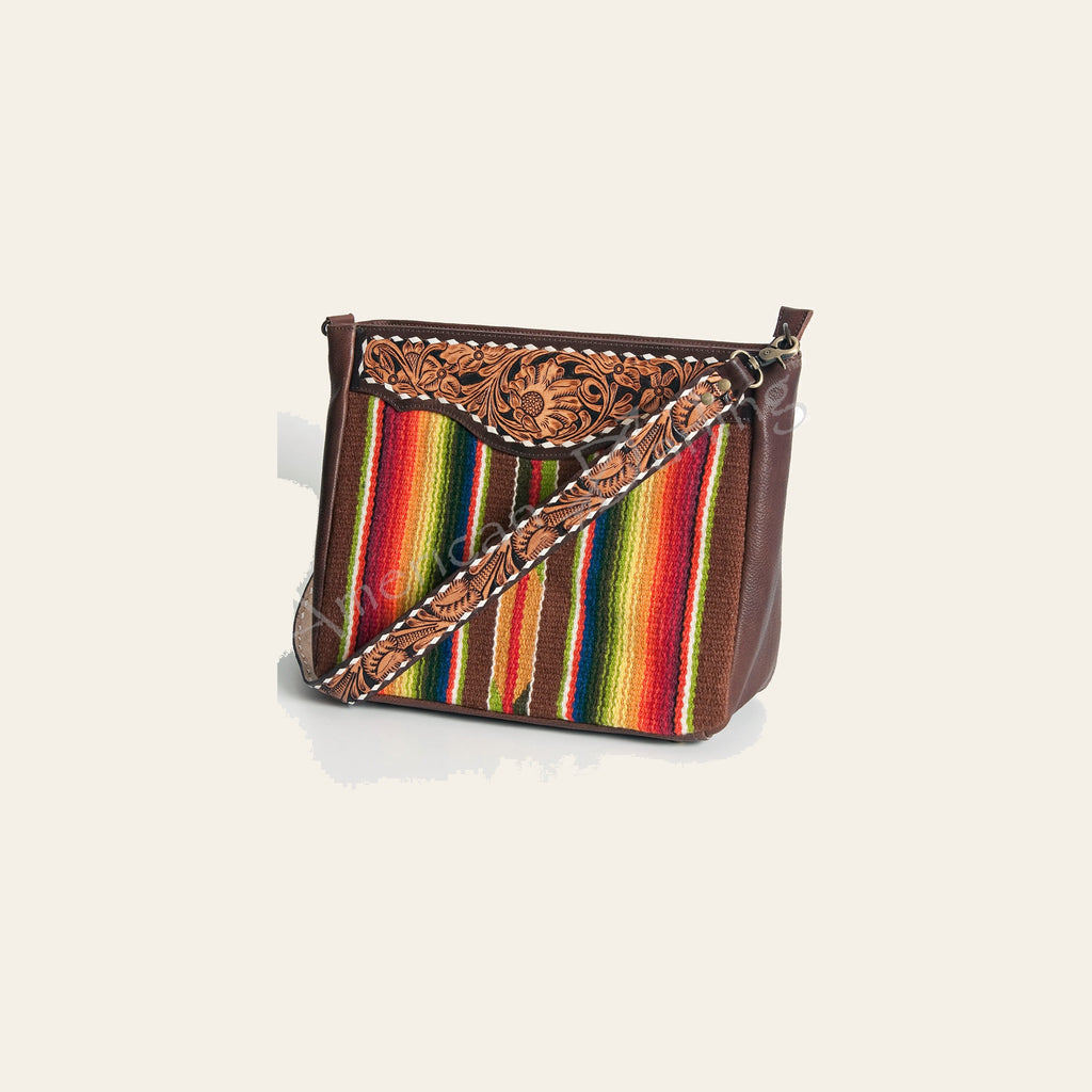 American Darling Women's Hand Tooled Floral Carved Leather Cross body Bag with Hand Woven Saddle Blanket and Buck Stitching
