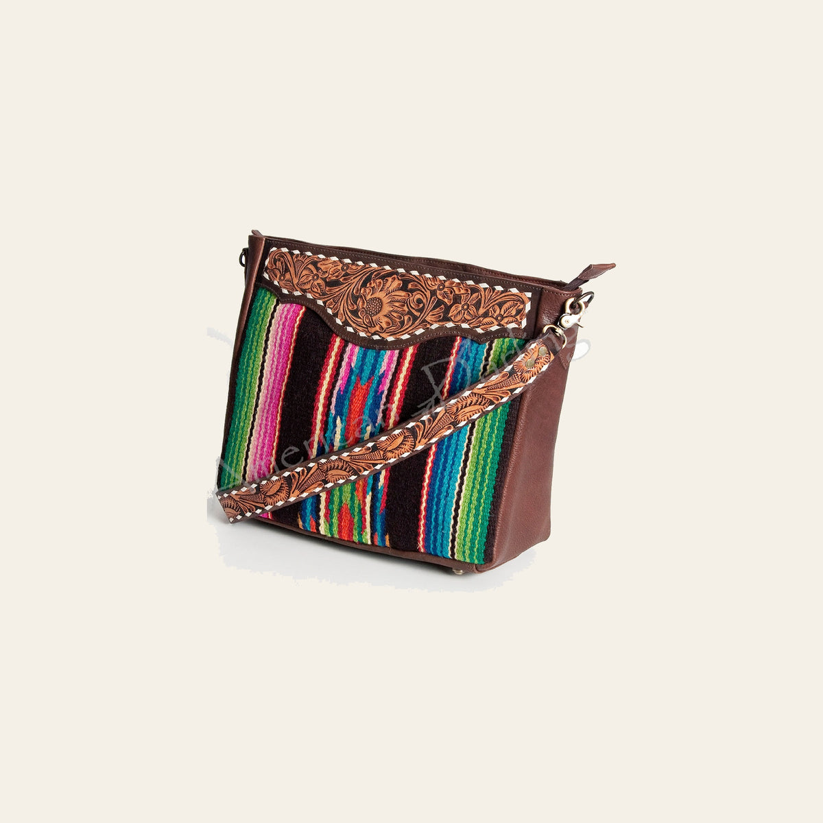 American Darling Women's Hand Tooled Floral Carved Leather Large Cross body Bag with Hand Woven Saddle Blanket and Buck Stitching