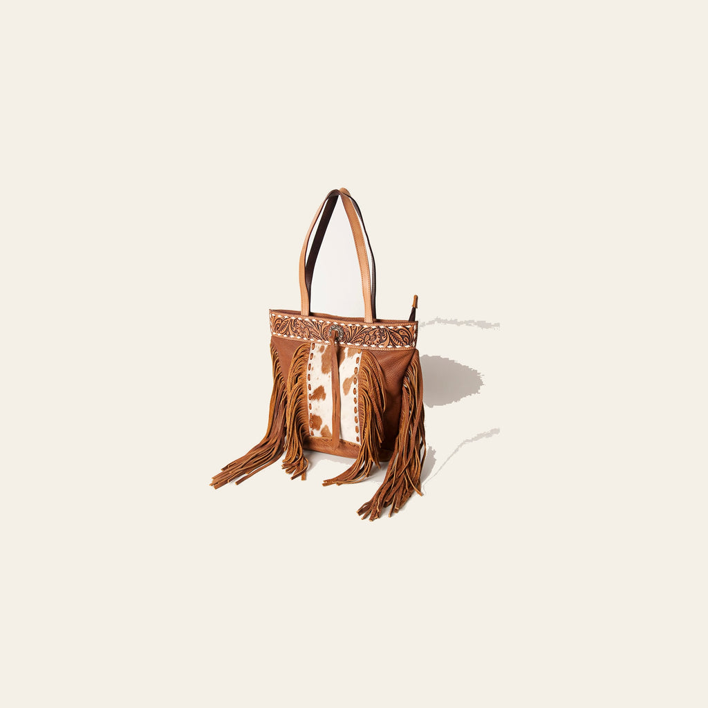 American Darling Women's Hand Tooled Floral Carved Leather Tote Bag with Hair-On Cowhide, Fringes, and Buck Stitching