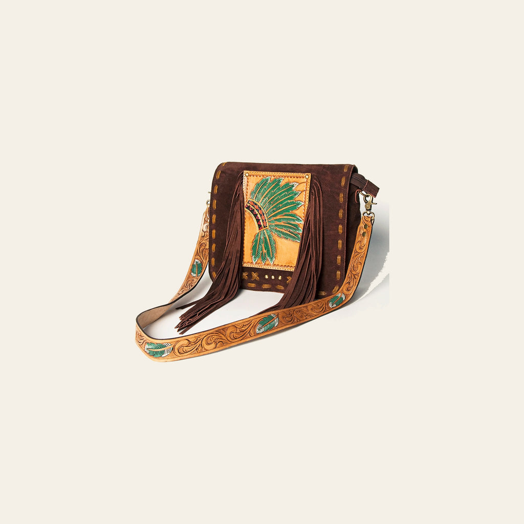 American Darling Hand Tooled Genuine Leather Messenger Bag Vegetable-Tanned Full Grain Leather With Fringes YKK Zipper