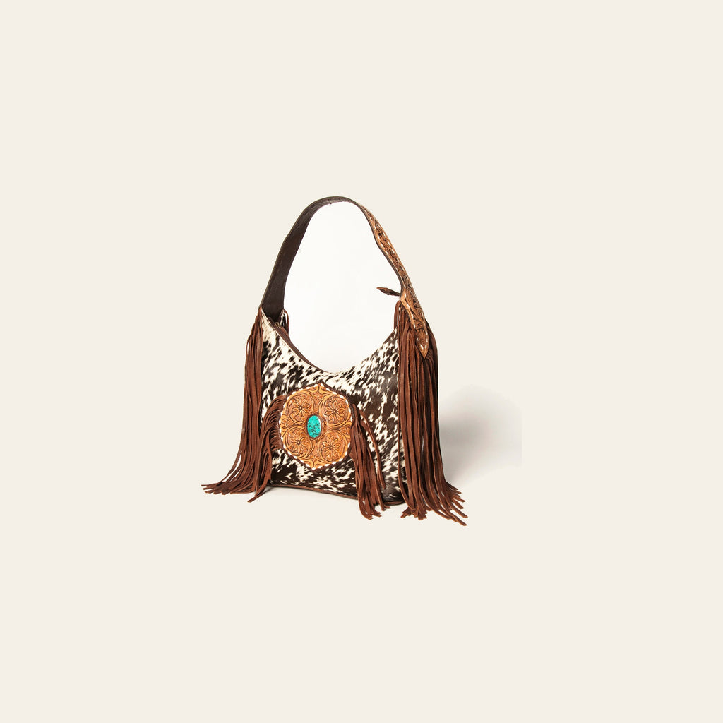 American Darling Genuine Leather Tote Bag for Women Hair-On Cowhide Floral Carved Purse with Fringes, Turquoise Concho & YKK Zipper