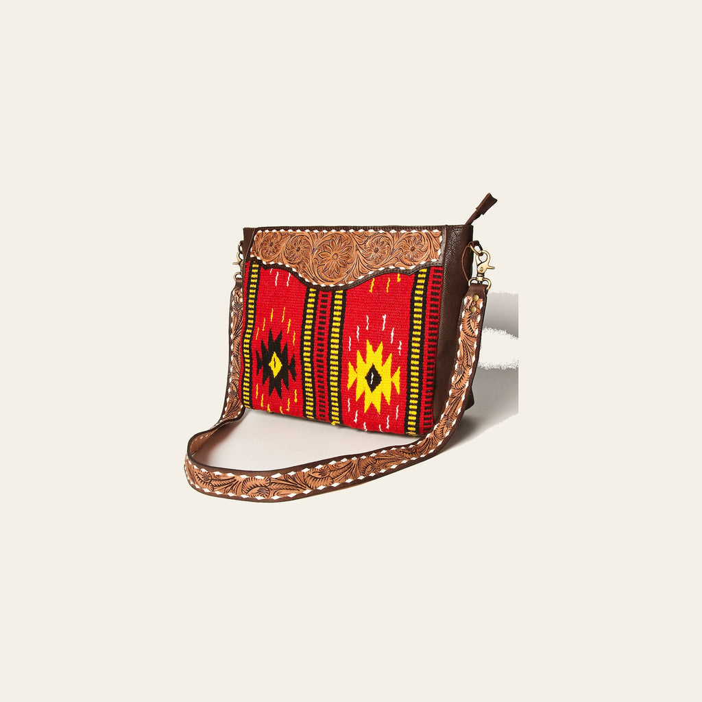 American Darling Women's Messenger Bag Hand Woven Saddle Blanket Hand Tooled Floral Carved Vegetable-Tanned Genuine Leather YKK Zipper