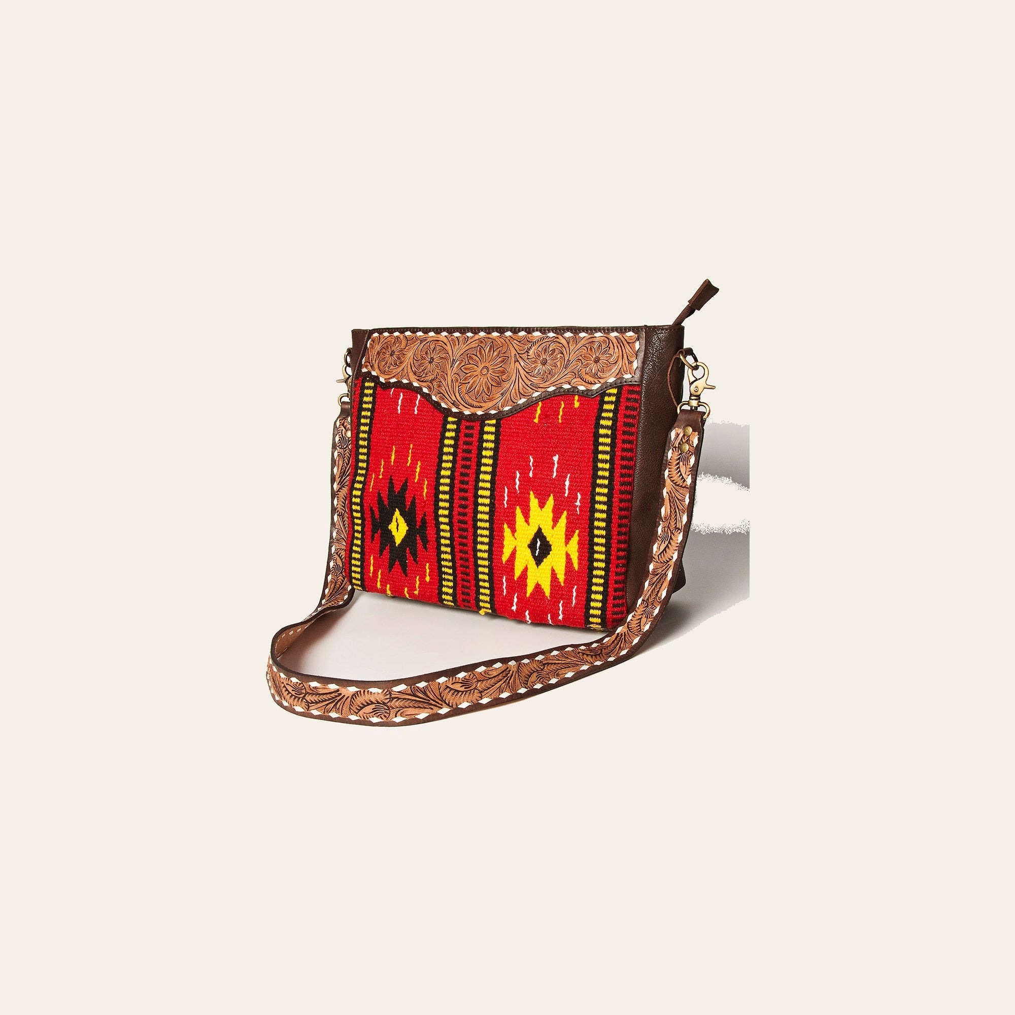 American Darling Women's Messenger Bag Hand Woven Saddle Blanket Hand Tooled Floral Carved Vegetable-Tanned Genuine Leather YKK Zipper
