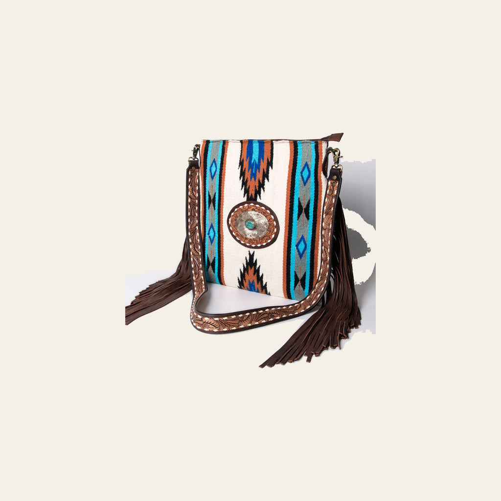 American Darling Large Cross body Bag Hand Woven Saddle Blanket Vegetable-Tanned Genuine Leather Floral Carved Fringes Concho
