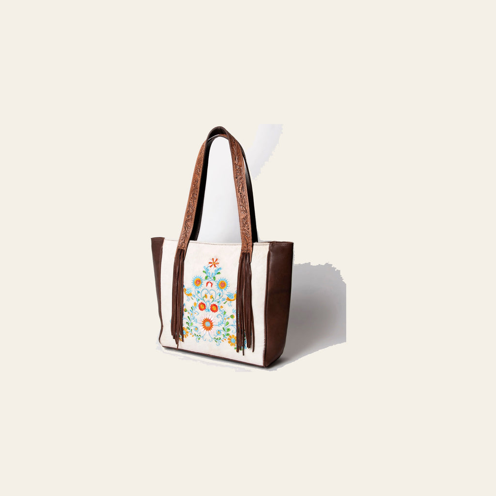 American Darling Tote Bag Hair-On Cowhide Vegetable-Tanned Genuine Leather Embroidery Hand Tooled Fringes