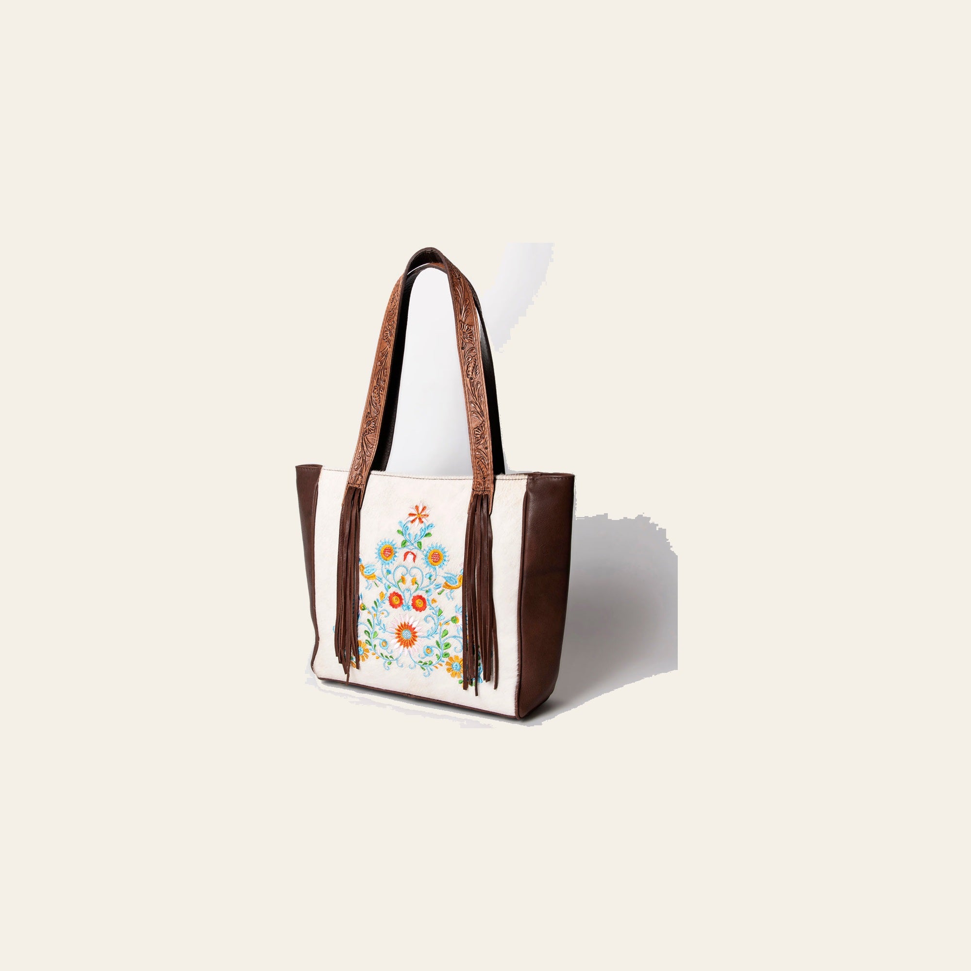 American Darling Tote Bag Hair-On Cowhide Vegetable-Tanned Genuine Leather Embroidery Hand Tooled Fringes