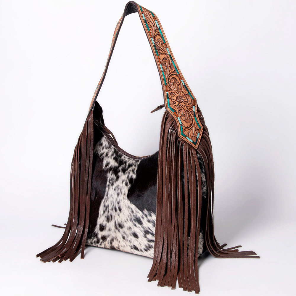 American Darling Hobo Bag for Women - Hair-On Cowhide, Hand Tooled Floral Carved Genuine Leather Shoulder Bag with Fringes