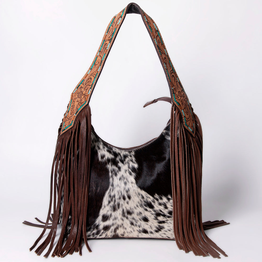 American Darling Hobo Bag for Women - Hair-On Cowhide, Hand Tooled Floral Carved Genuine Leather Shoulder Bag with Fringes
