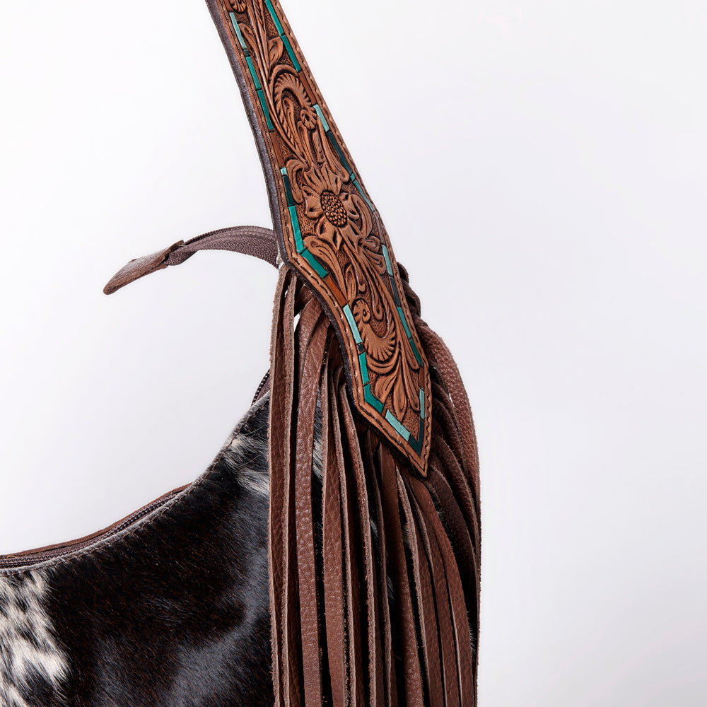 American Darling Hobo Bag for Women - Hair-On Cowhide, Hand Tooled Floral Carved Genuine Leather Shoulder Bag with Fringes
