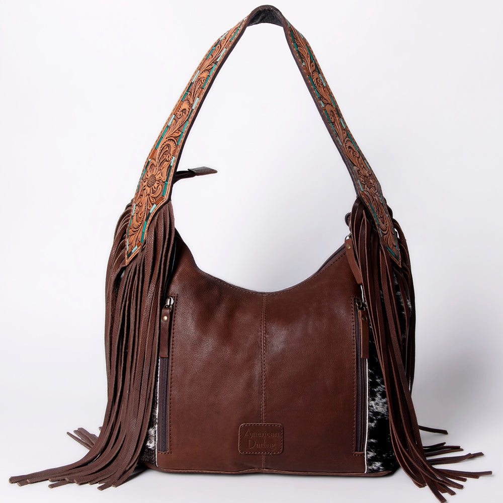 American Darling Hobo Bag for Women - Hair-On Cowhide, Hand Tooled Floral Carved Genuine Leather Shoulder Bag with Fringes