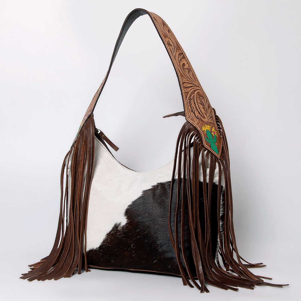 American Darling Hobo Bag for Women - Hair-On Cowhide, Hand Tooled Floral Carved Genuine Leather Shoulder Bag with Fringes