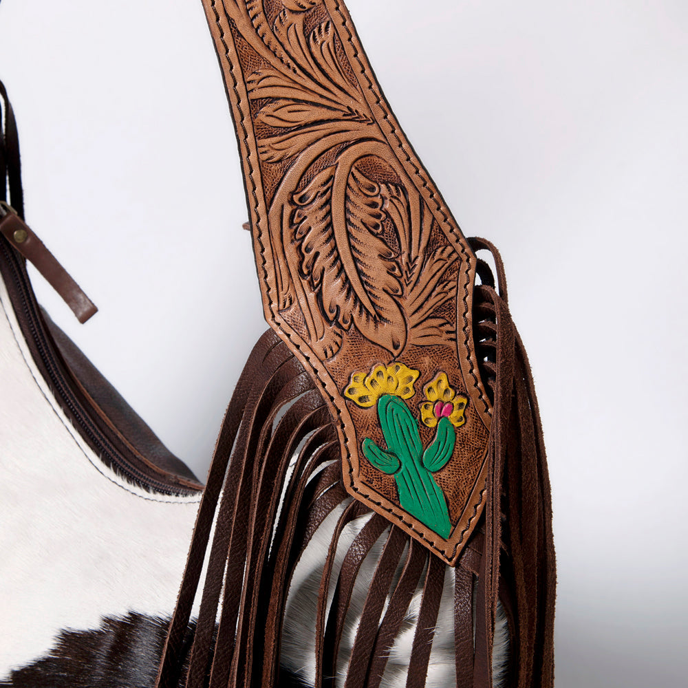 American Darling Hobo Bag for Women - Hair-On Cowhide, Hand Tooled Floral Carved Genuine Leather Shoulder Bag with Fringes