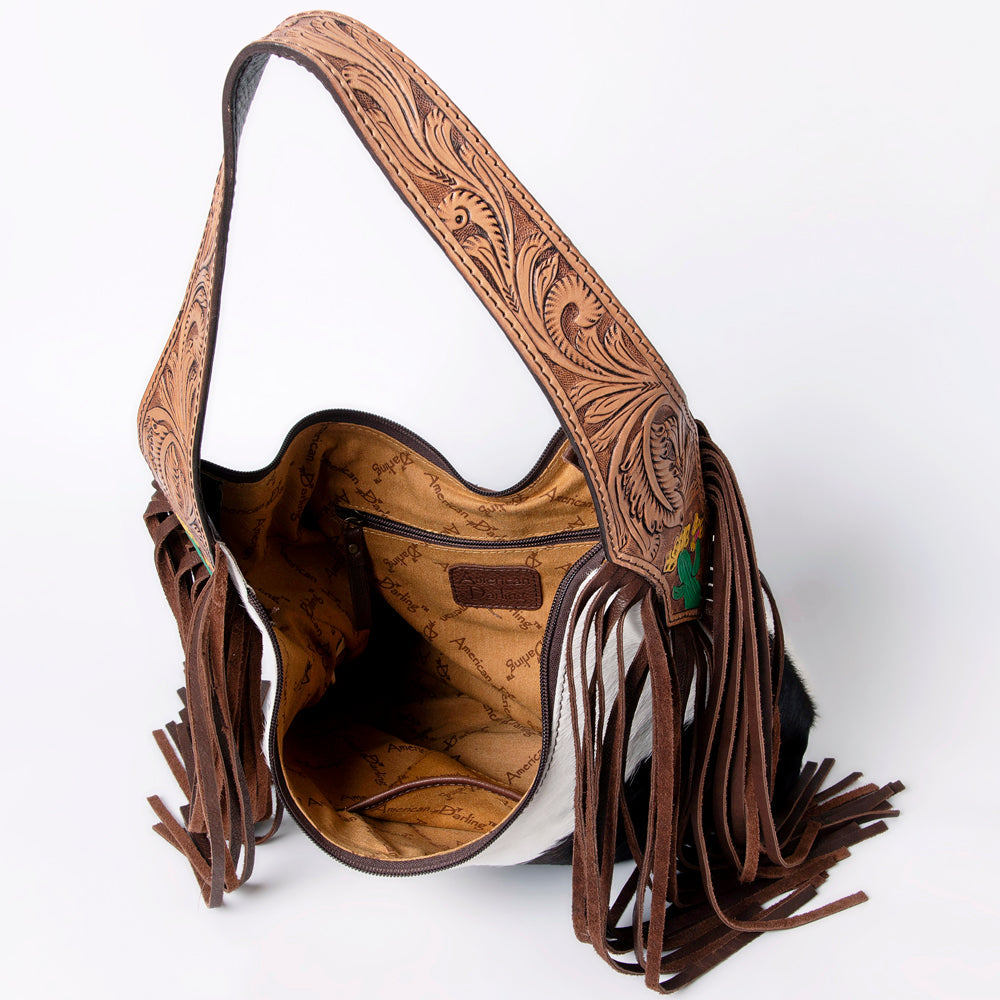 American Darling Hobo Bag for Women - Hair-On Cowhide, Hand Tooled Floral Carved Genuine Leather Shoulder Bag with Fringes