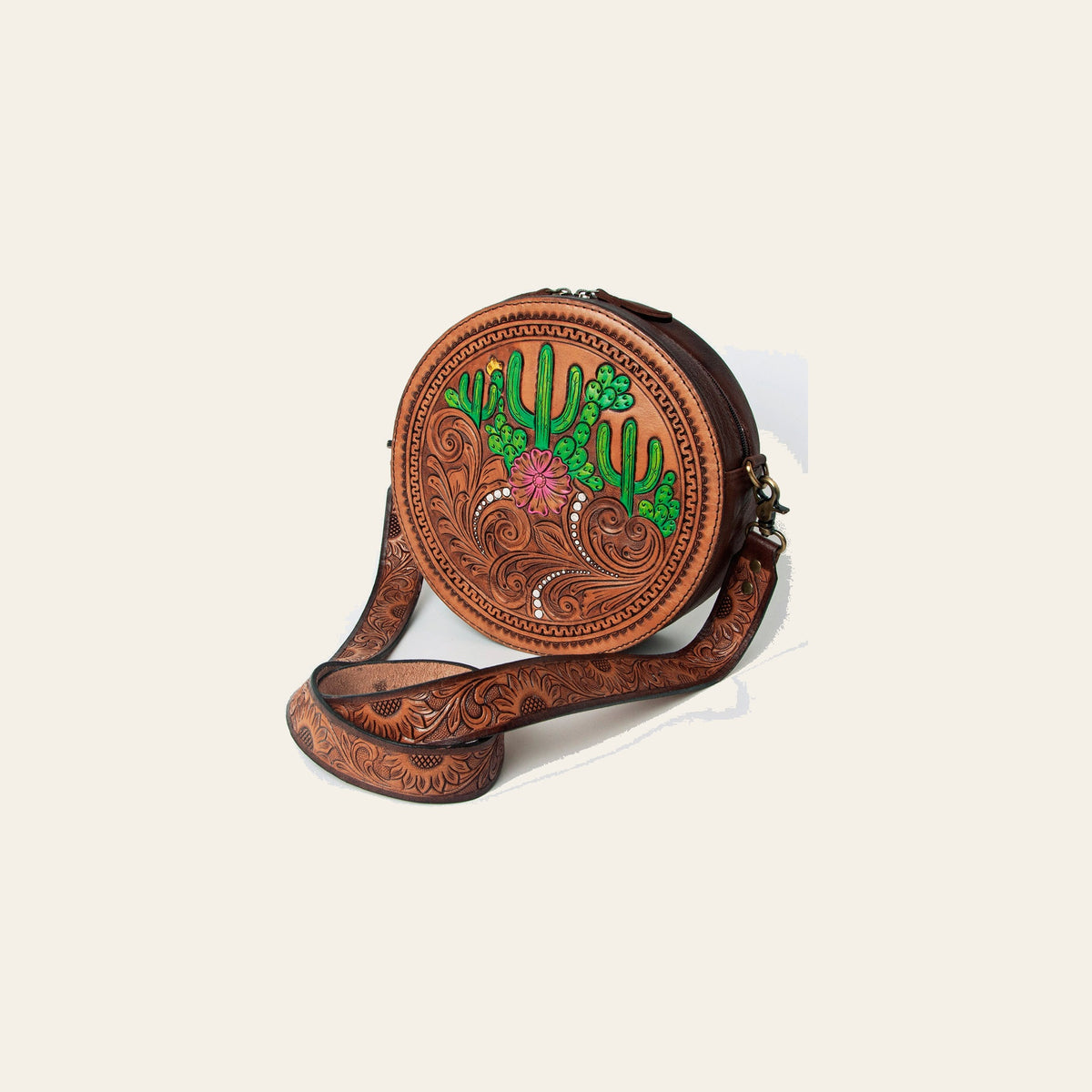 American Darling Canteen Bag for Women - Hand Tooled Floral Carved Genuine Leather Round Crossbody with YKK Zipper