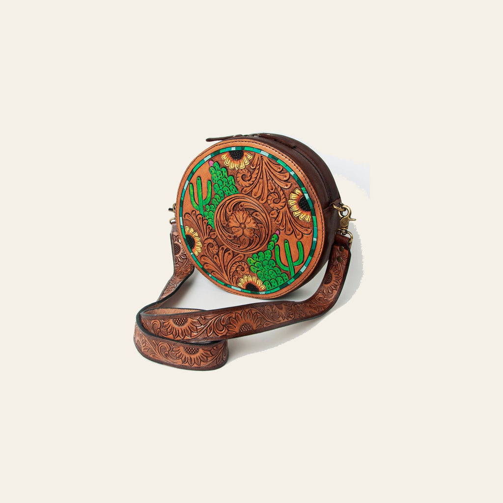 American Darling Canteen Bag for Women - Hand Tooled Floral Carved Genuine Leather Round Crossbody with YKK Zipper