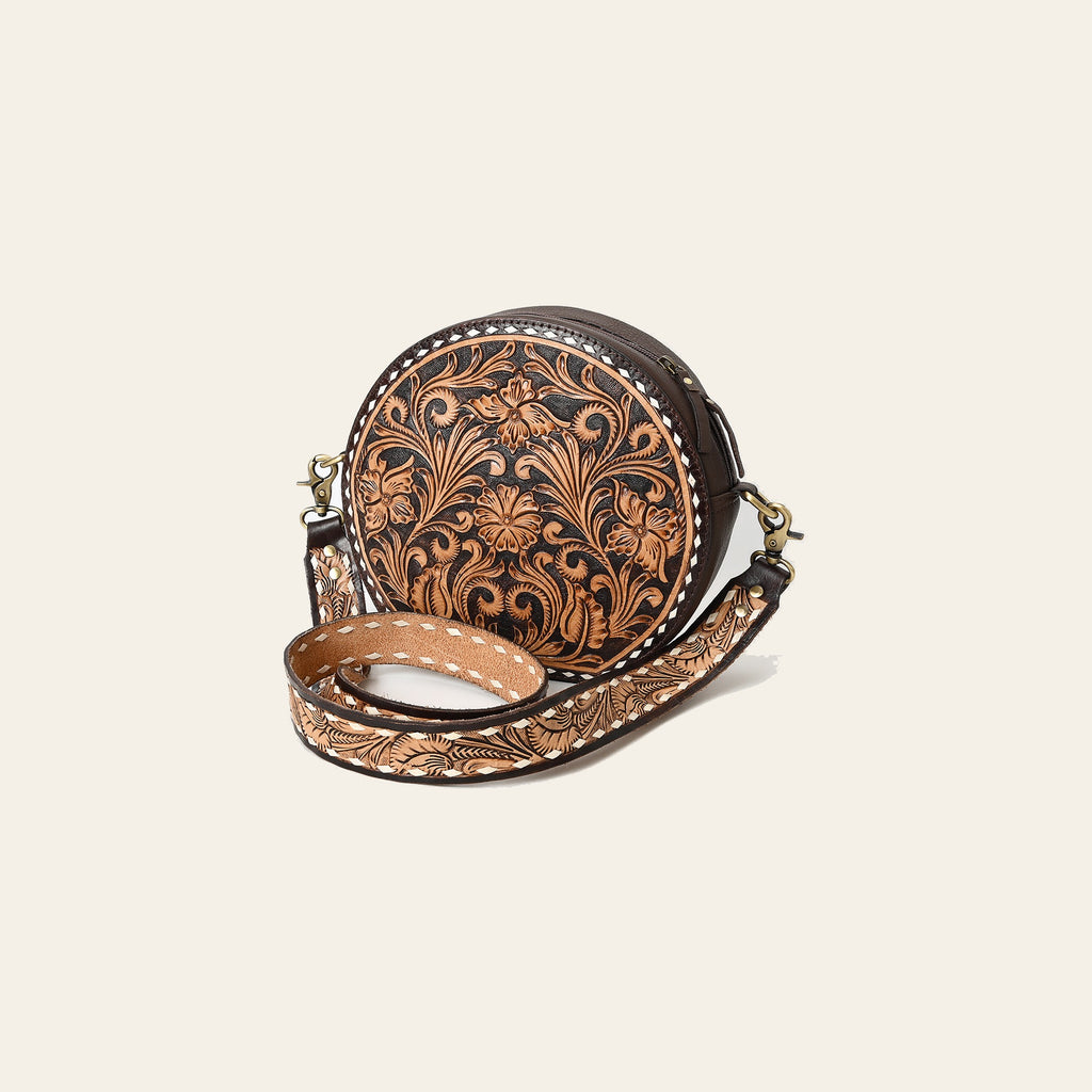 American Darling Canteen Bag for Women - Buck Stitched, Hand Tooled Floral Carved Genuine Leather Round Crossbody