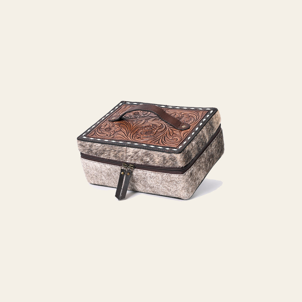 American Darling Jewelry Case for Women - Hand Tooled Floral Carved Leather, Hair-On Cowhide & Buck Stitched Organizer