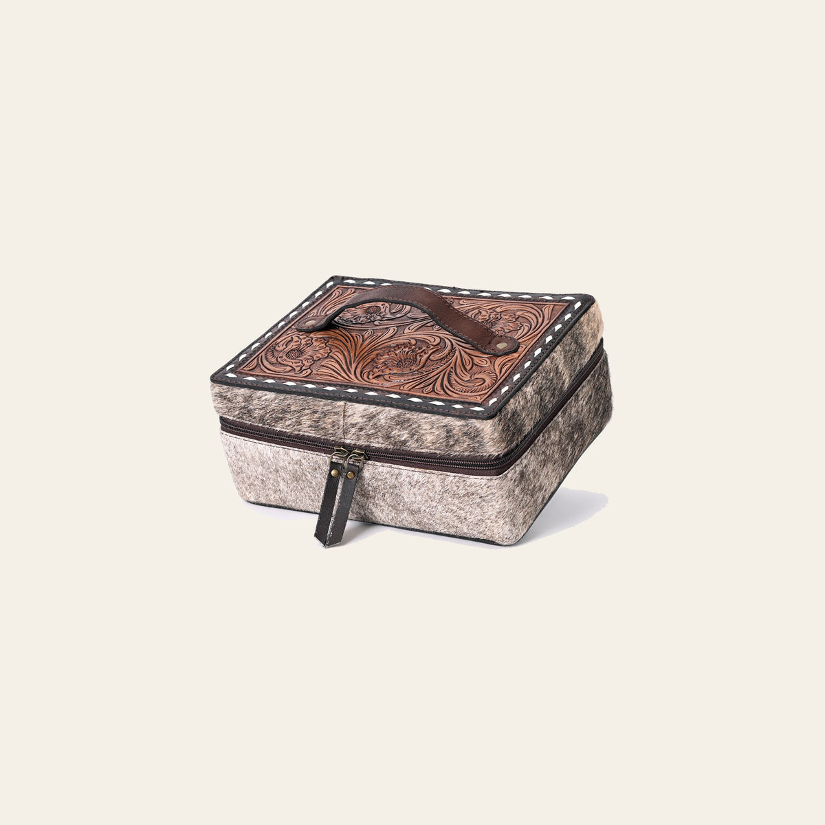 American Darling Jewelry Case for Women - Hand Tooled Floral Carved Leather, Hair-On Cowhide & Buck Stitched Organizer