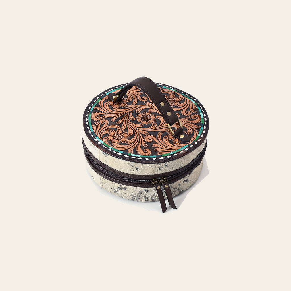 American Darling Jewelry Case for Women - Circular Hand Tooled Floral Carved Leather, Hair-On Cowhide & Buck Stitched Organizer