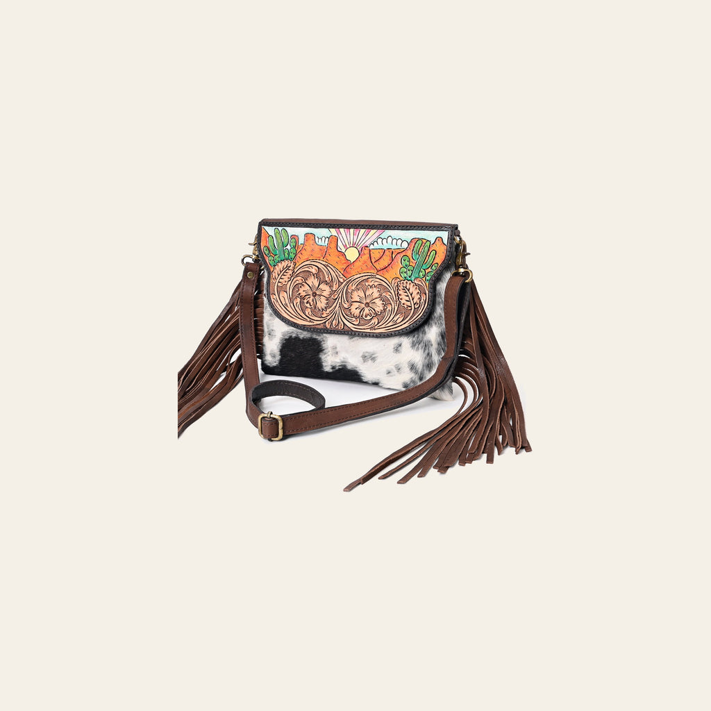 American Darling Genuine Leather Messenger Bag Women Hair-On Cowhide Floral Hand Tooled Crossbody Purse with Fringe YKK Zipper