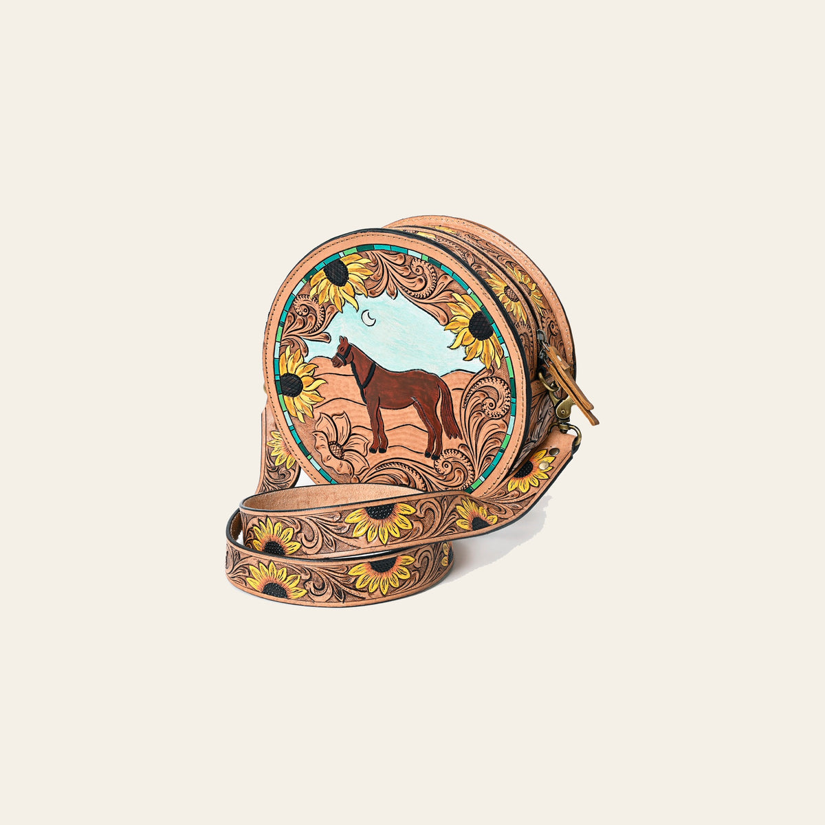 American Darling Genuine Leather Canteen Bag Women Hand Tooled Floral Carved Crossbody Purse Vegetable-Tanned Full Grain