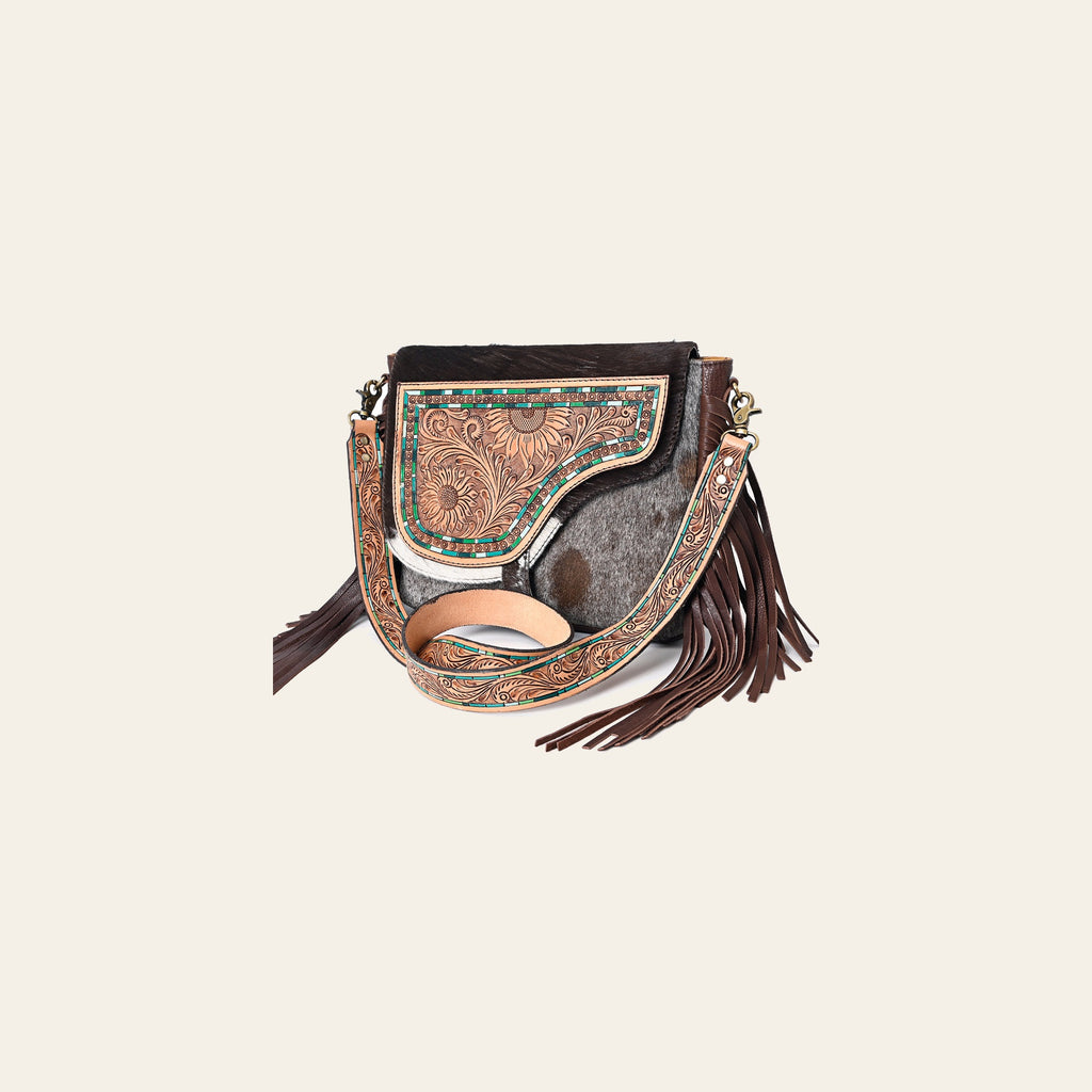American Darling Genuine Leather Cross body Bag Women Hair-On Cowhide Floral Hand Tooled Purse with Fringe YKK Zipper