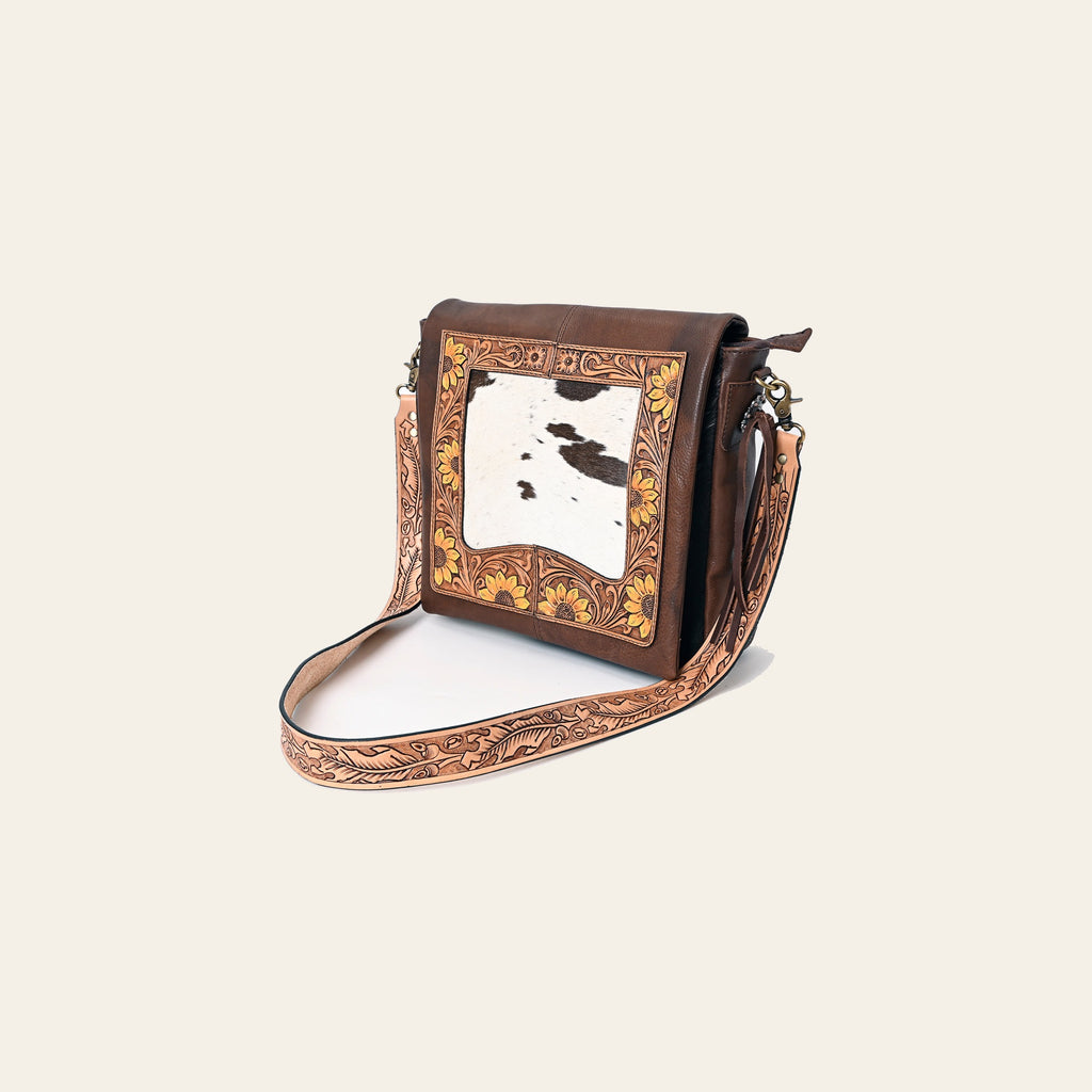 American Darling Genuine Leather Messenger Bag Women Hair-On Cowhide Floral Hand Tooled Purse YKK Zipper Full Grain