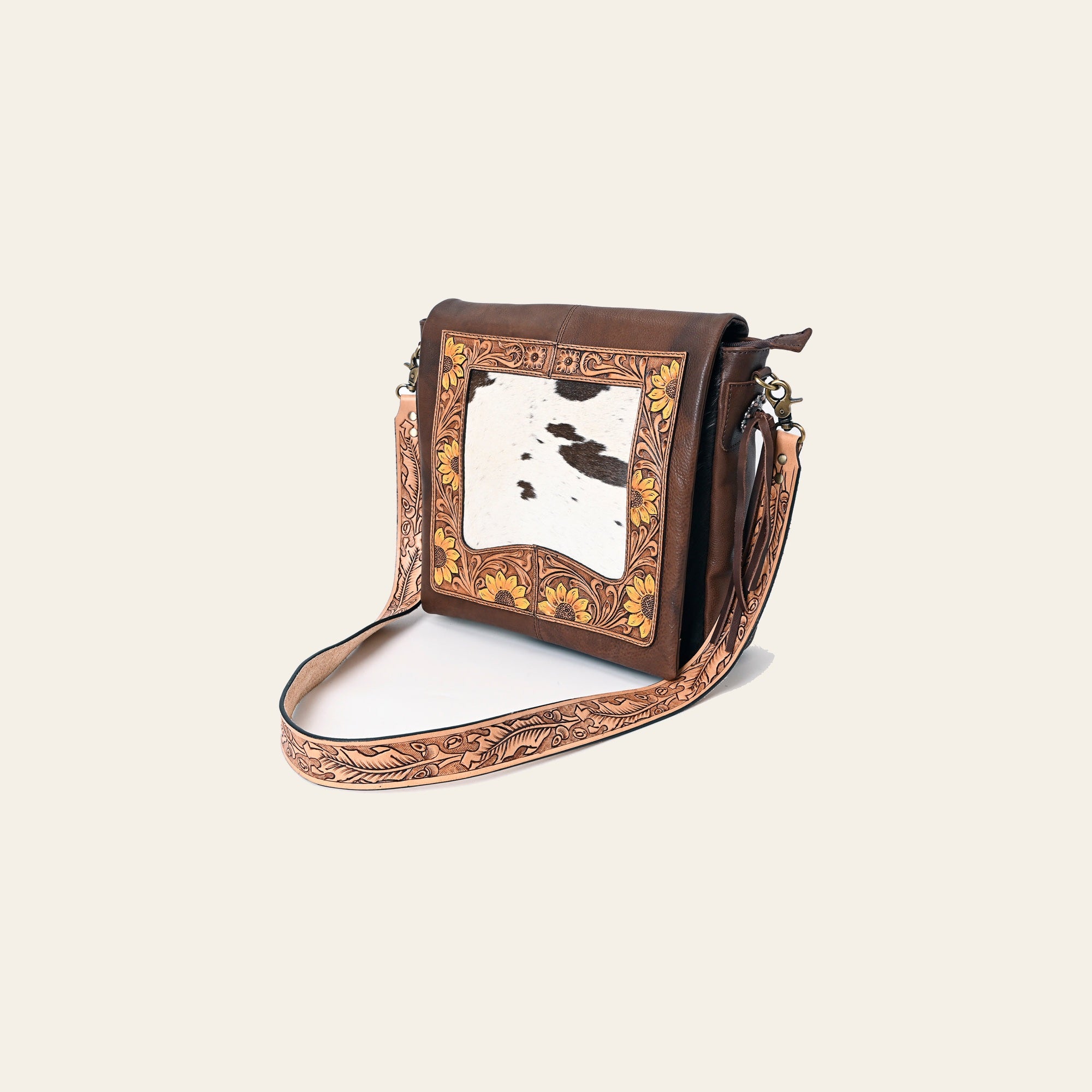 American Darling Genuine Leather Messenger Bag Women Hair-On Cowhide Floral Hand Tooled Purse YKK Zipper Full Grain