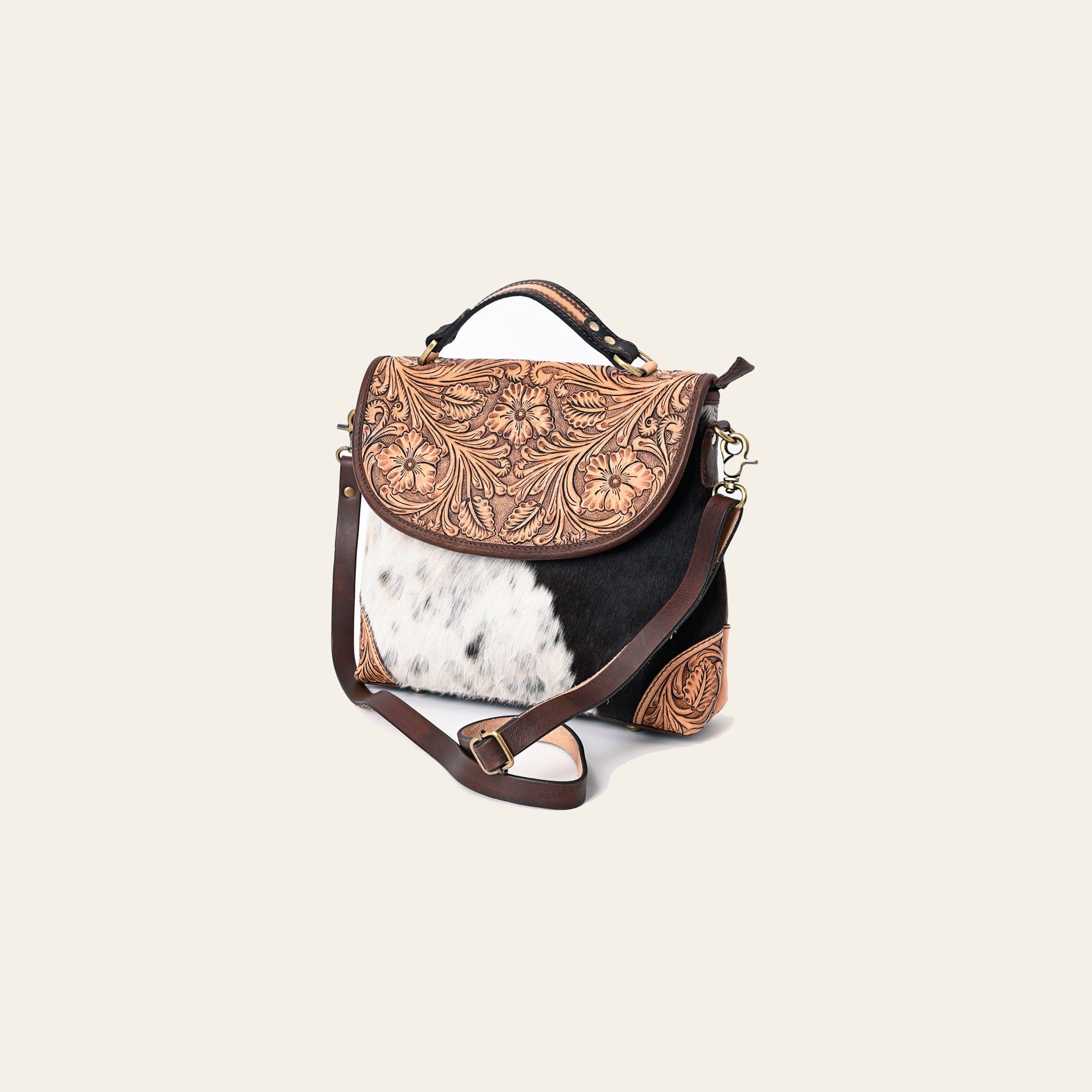 American Darling Genuine Leather Messenger Bag Women Hair-On Cowhide Floral Hand Tooled Purse YKK Zipper Full Grain