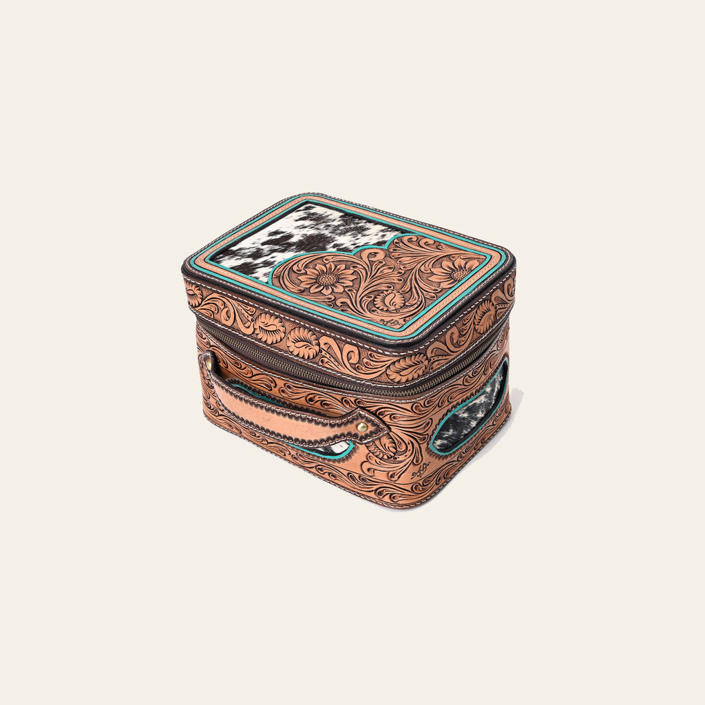 American Darling Genuine Leather Jewelry Case Hair-On Cowhide Floral Hand Tooled Organizer YKK Zipper Full Grain