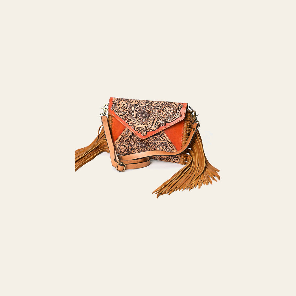 American Darling Genuine Leather Envelope Bag Women Floral Hand Tooled Purse with Fringe YKK Zipper Full Grain Crossbody