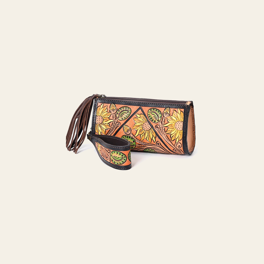 American Darling Genuine Leather Wristlet Bag Women Floral Hand Tooled Purse with Tassels YKK Zipper Full Grain