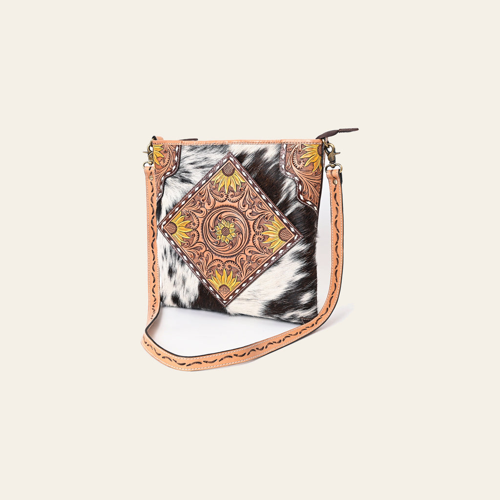 American Darling Genuine Leather Large Cross body Bag Women Hair-On Cowhide Floral Hand Tooled Purse Buck Stitched YKK Zipper