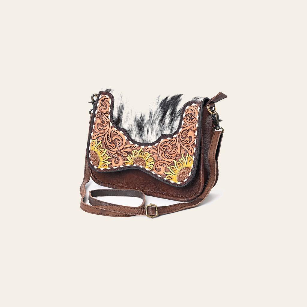 American Darling Genuine Leather Small Cross body Bag Women Hair-On Cowhide Floral Hand Tooled Purse Buck Stitched YKK Zipper