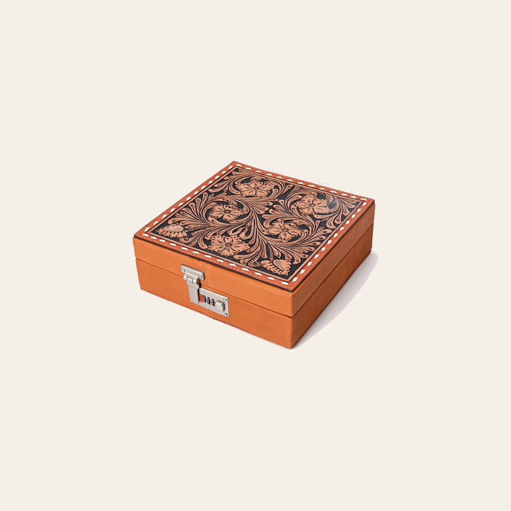 American Darling Genuine Leather Jewelry Case Women Floral Hand Tooled Organizer Full Grain Vegetable-Tanned